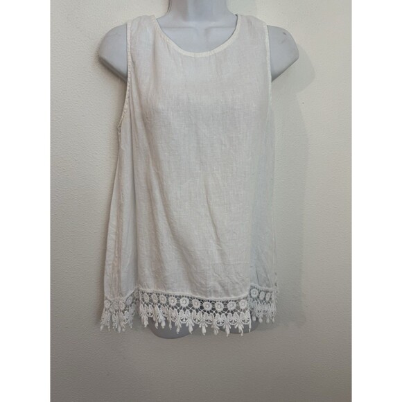 Terzo Millennio 100% Linen Tank White Crocheted Bottom Hem Italy Size M - Picture 1 of 6